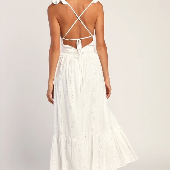 Lulu’s Sicilian Sun White Eyelet Embroidered Ruffled Lace-Up Midi Dress - Picture 2 of 5